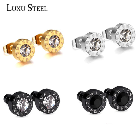 LUXUSTEEL Boucles d'oreilles en cristal acrylique en acier inoxydable pour femmes Hommes Punk Roman Number Clear Black CZ Bling Bijoux d'oreille de mode