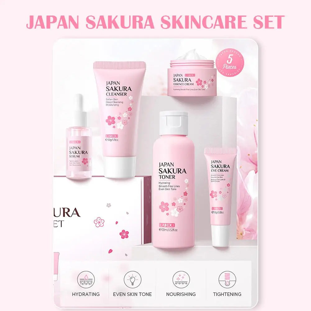 Sakura Lot de 5/3 soins pour le visage, sérum, tonique, nettoyant pour le visage, crème solaire, pour les yeux, coffret cadeau