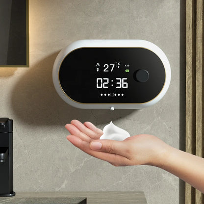 Distributeur automatique de savon en mousse sans contact Affichage de la température de l’heure Charge USB Distributeur de savon liquide à induction automatique étanche