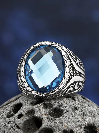 Bague Vintage en Acier Inoxydable 316L – Zircon Bleu Poli, Tendance 2025